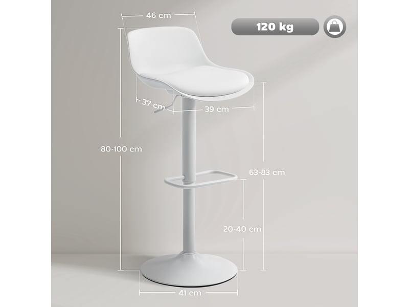  Ensemble de 2 tabourets de bar avec dossier, hauteur réglable, assise pivotante en similicuir et repose-pieds, blanc  - Conforama E