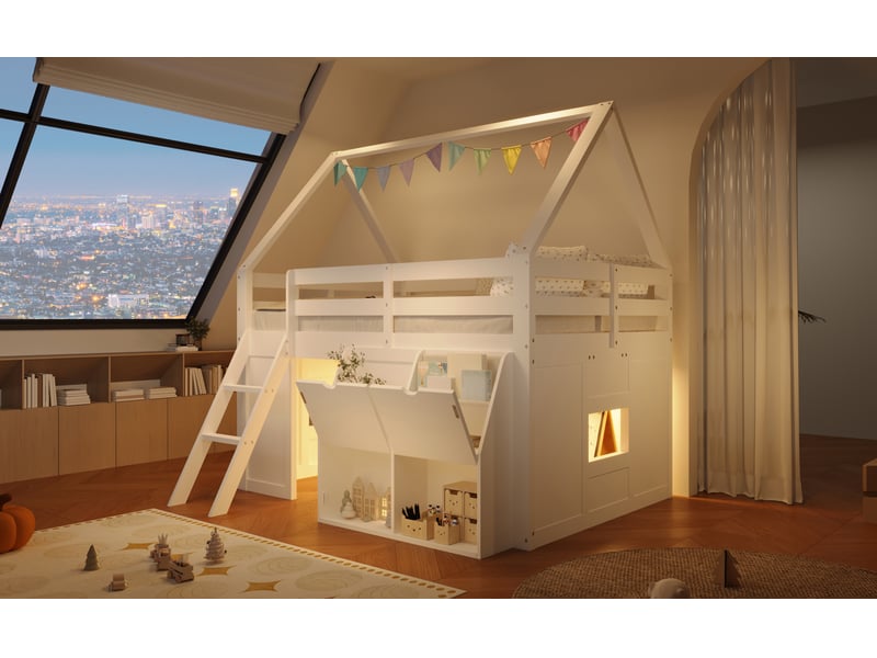  Lit mezzanine 180x200 cm, structure en bois, coloris blanc, rangements intégrés, éclairage led, escalier sécurisé, garde-corps, design cabane  - Conforama E