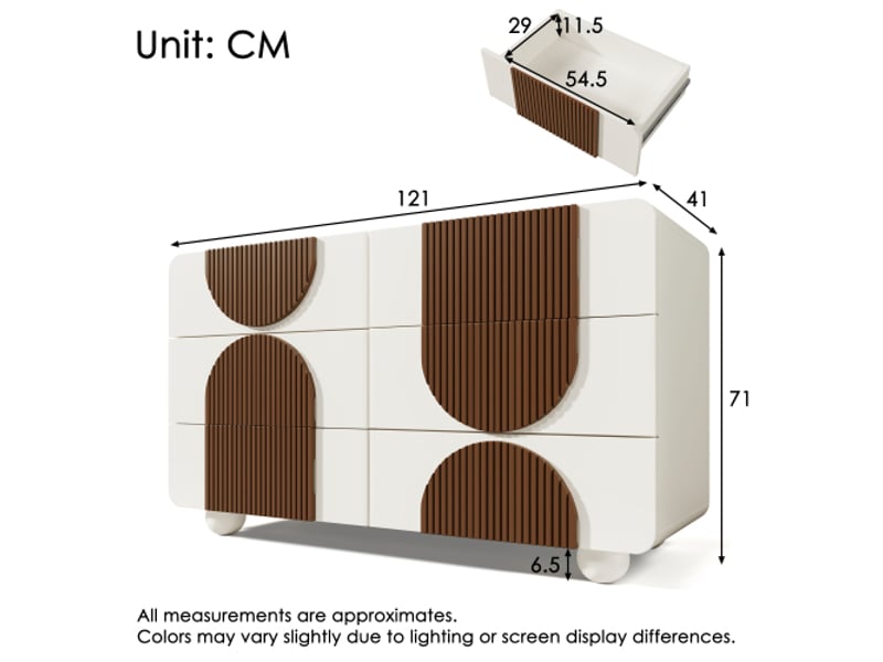  Commode avec 6 tiroirs et courbes, élégant sideboard en blanc avec des barres de bois chocolatées, 121x71x41 cm (bht), blanc  - Conforama D