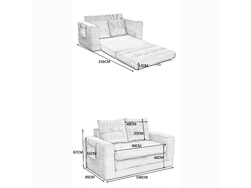 Canapé modulable 2 places 140x85x67 cm, canapé salon avec accoudoirs larges, poches latérales, gain de place, velours côtelé, noir Seren Glow - Conforama C