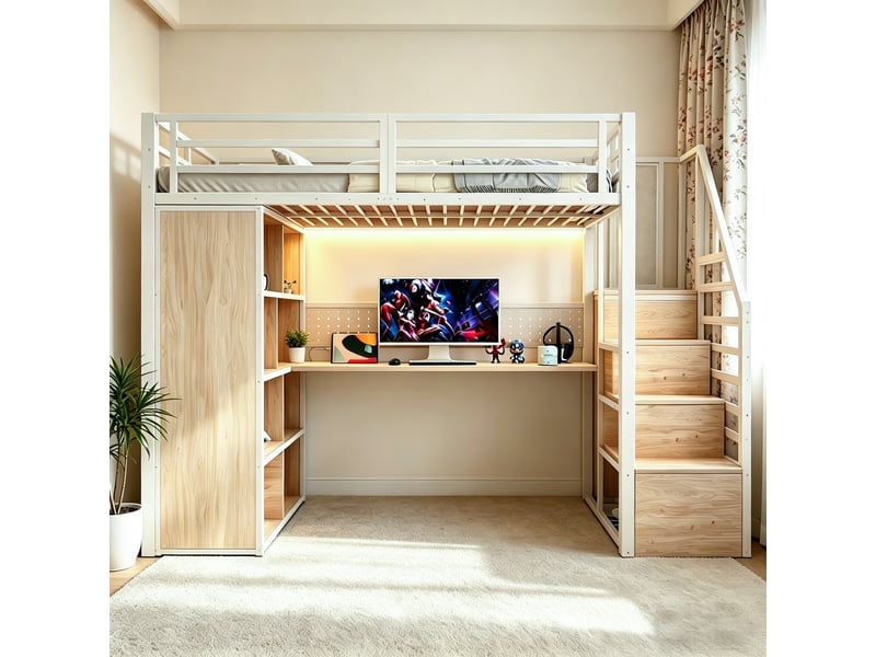  Lit enfant 90x200 cm avec éclairage led, lit simple avec armoire et bureau, lit mezzanine en métal, lit 1 personne, blanc  - Conforama D