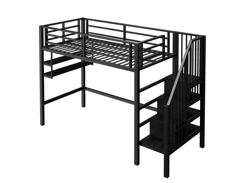 Lit mezzanine noir 90x200 cm avec étagères, échelle rangement et garde-corps - Conforama E