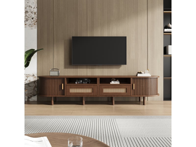 Meuble tv chêne foncé 170x40x40 cm ovale avec 2 tiroirs en rotin, 2 portes coulissantes et 8 pieds  - Conforama B