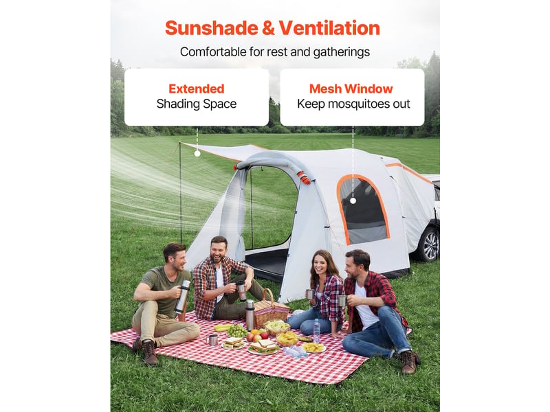 Vevor tente de hayon gonflable pour 4 a 6 personnes, tente arriere de voiture 2,44x2,04 m, pour camping randonnee suv fourgon, auvent de coffre double usage, impermeable pu2000 mm, pompe a air incluse  - Conforama D