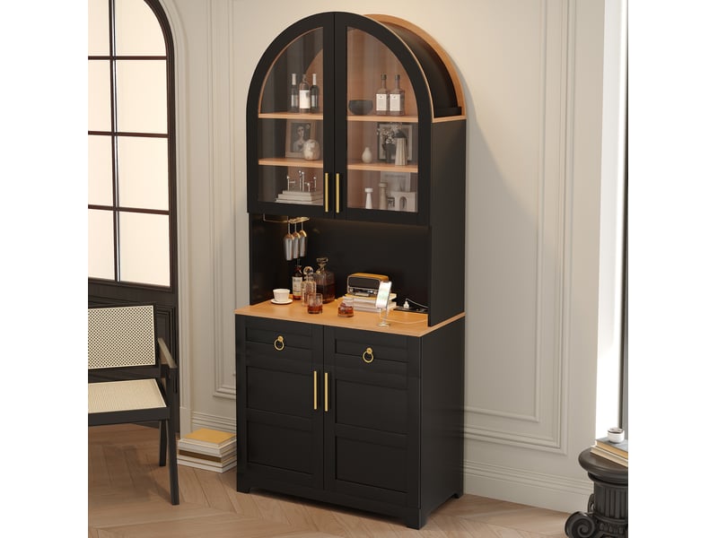  Buffet 80x40x180 cm avec vitrine en verre cintrée, éclairage led, prise intégrée et usb, 2 tiroirs, en mdf, noir  - Conforama E