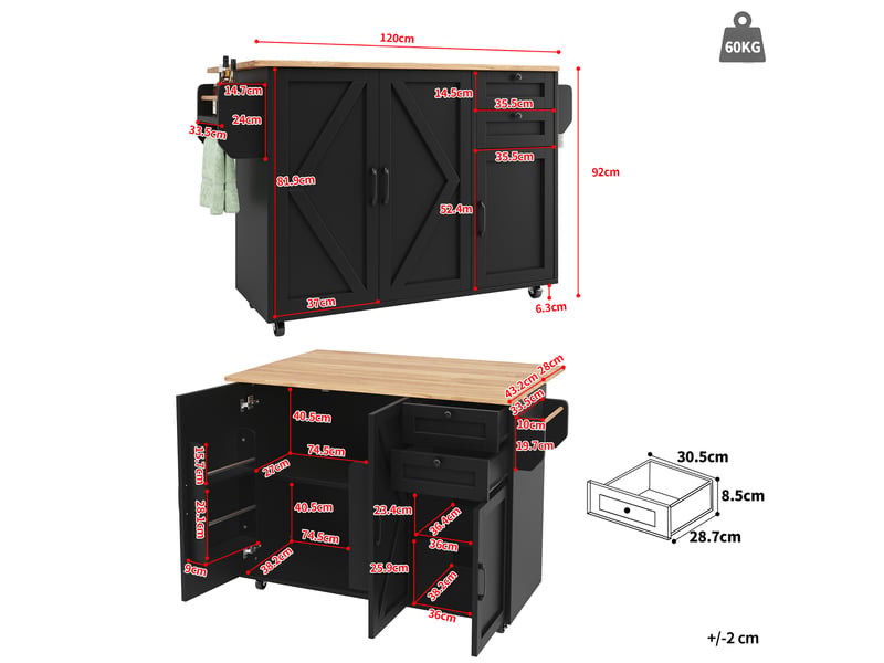  Buffet moderne avec espace de rangement et chariot porte-snack, noir  - Conforama D