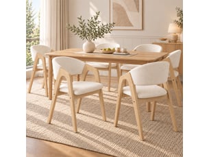 Lot de 6 chaises de salle à manger - 55.5x60x83 cm - structure en hévéa massif - revêtement effet lin - bois naturel et beige