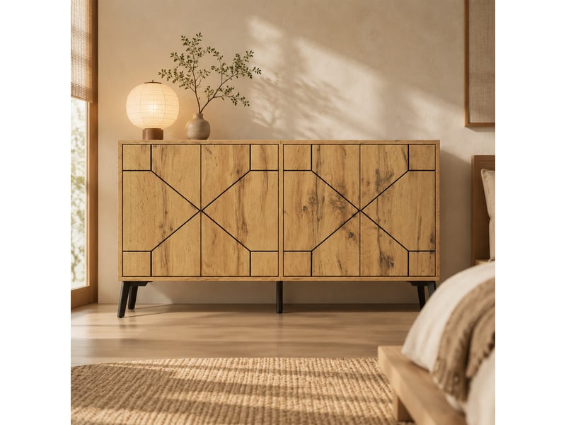 Buffet 4 portes à ouverture par pression avec rangement pour salon en mdf 120×35×69 cm décor chêne - Conforama B