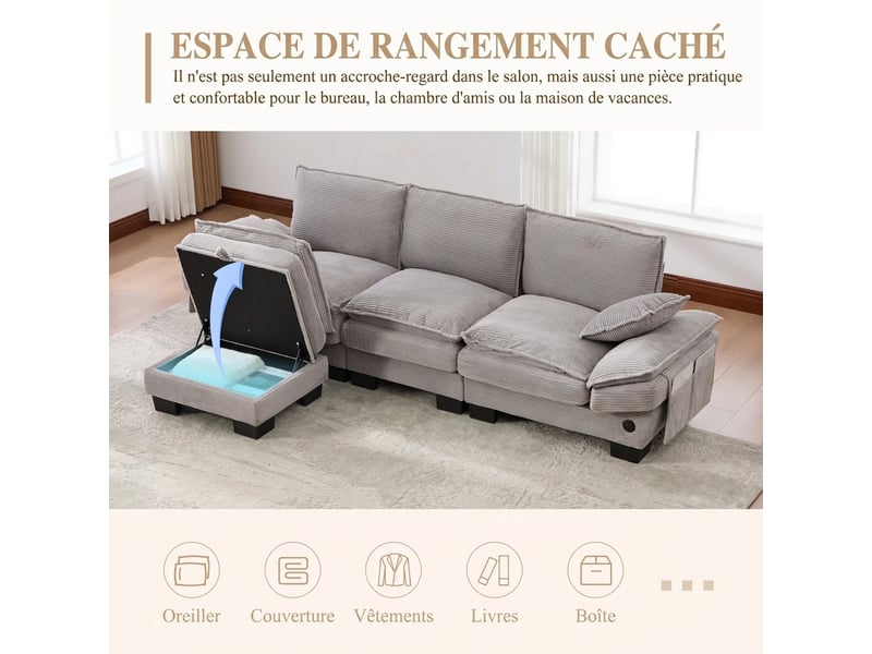 Canapé 3 places modulaire velours côtelé gris clair 260 x 132 x 84 cm avec pouf rangement - Conforama W