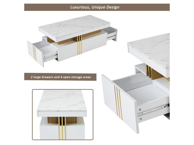 Table basse moderne rectangulaire blanc brillant avec 2 tiroirs, effet marbre, 100x50x40 cm - Conforama E