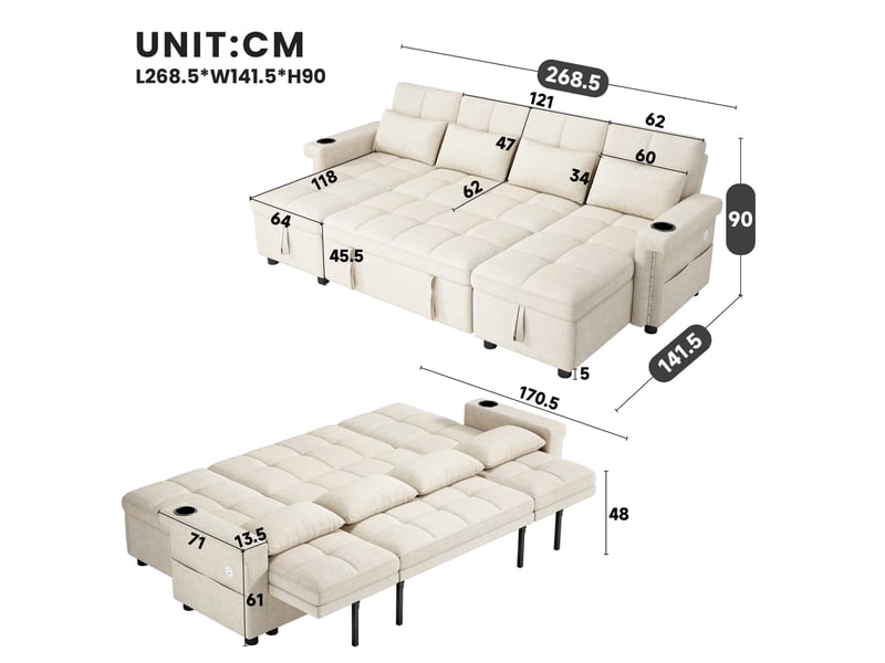 Canapé d'angle panoramique convertible 4 places polyester led beige coffre de rangement - Conforama C