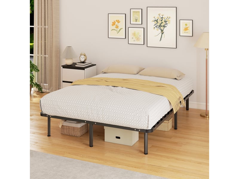  Cadre de lit 140 x 190 cm, lit 2 personnes en bois massif avec sommier à lattes et pied, rangement au-dessous, noir  - Conforama D