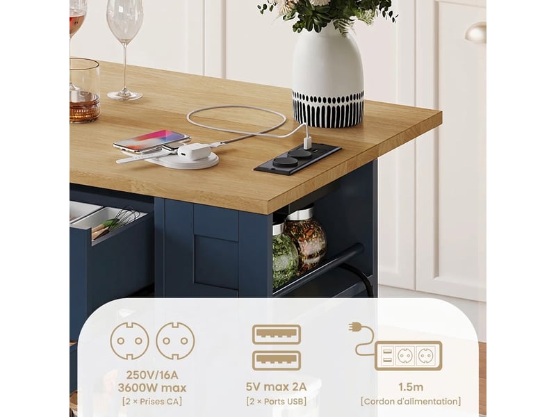  Îlot de cuisine avec table pliante, prises électriques, 120cm  - Conforama D