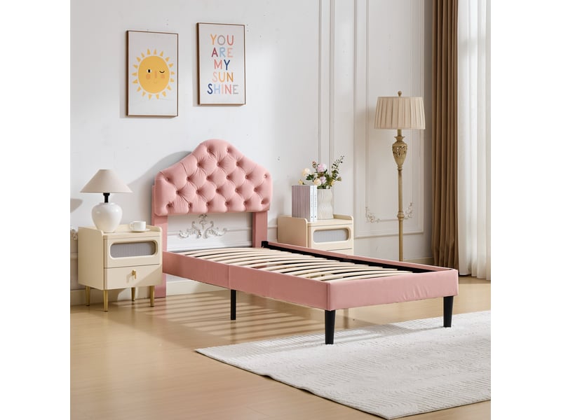  Lit simple 90x200cm en velours rose - tête de lit réglable en forme de nuage, lattes en bois massif  - Conforama W