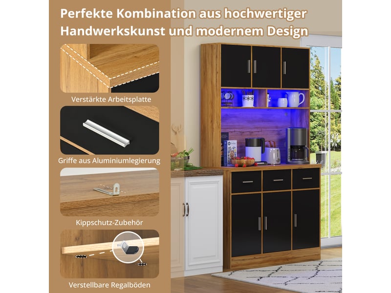  Buffet de cuisine avec éclairage led, tiroirs et étagères réglables, prises électriques – meuble moderne  - Conforama D