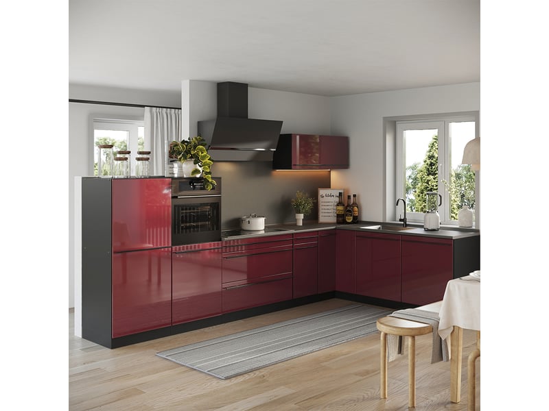  Vicco cuisine en angle, rouge brillantanthracite, 347 x cm plan de travail anthracite  - Conforama C