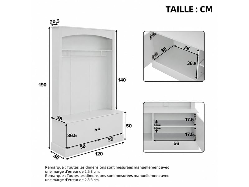  Meuble d’entrée blanc avec banc à chaussures, penderie, rangements réglables, 120 x 40 x 190 cm, blanc  - Conforama E