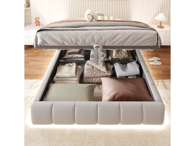  Lit double capitonné 140 x 200 cm, sans tête, bandeau led monochrome, hydraulique suspendu, beige  - Conforama C