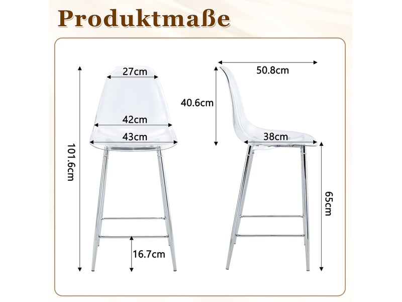 Tabouret de bar transparent 43x50x101 cm, tabouret haut, chaise de bar, design moderne, pour cuisine, en métal argenté - Conforama C