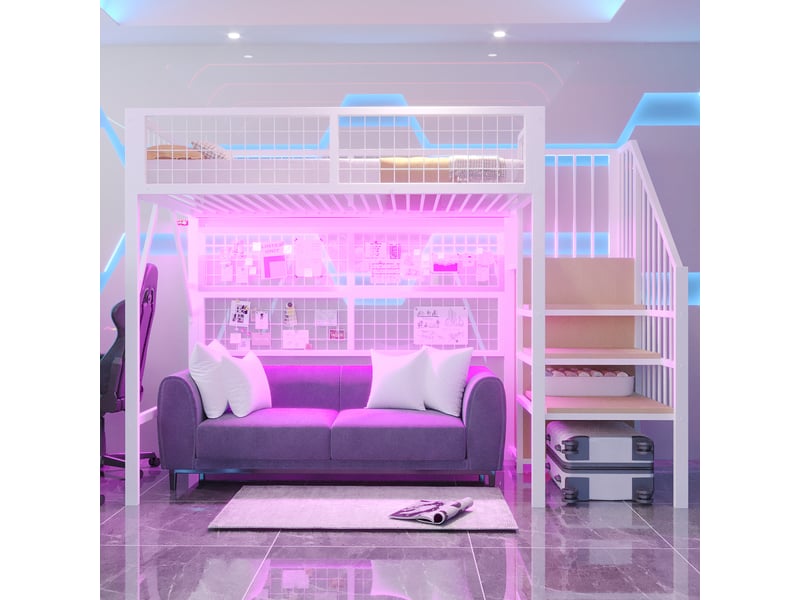  Lit mezzanine avec led connectée et rangements, métal blanc, 90x200 cm, escalier et penderie ouverte  - Conforama B