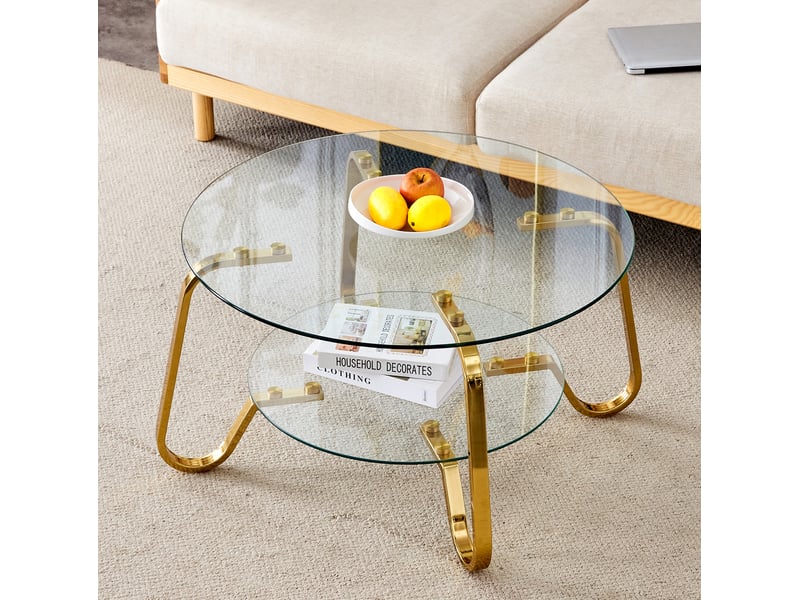  Table basse avec 2 niveaux en verre trempé transparent, structure métal doré, rangement ouvert, style élégant salon  - Conforama B