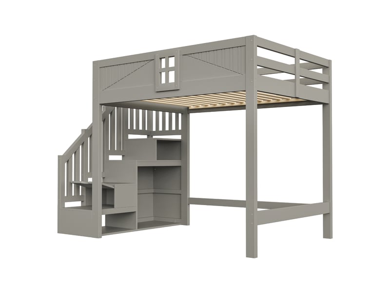 Lit mezzanine 140×200 cm en bois massif avec échelle rangement, gris - Conforama D