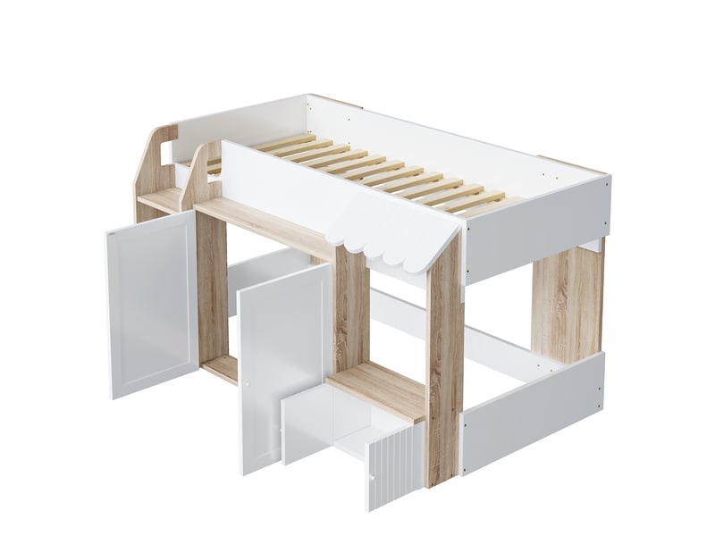 Lit mezzanine enfant 90x200 cm – blanc et bois naturel – rangements fermés, échelle large – sans matelas - Conforama D