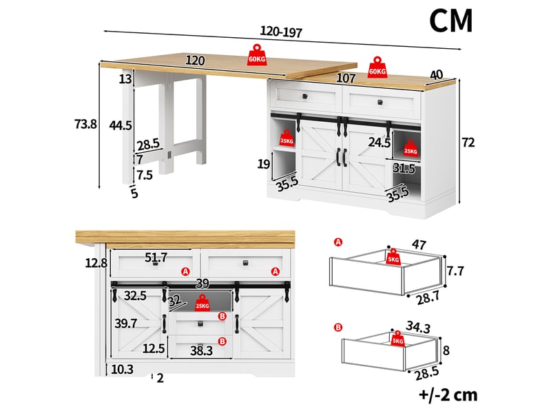  Desserte de cuisine extensible avec placard latéral, tiroirs cachés et plateaux pivotants en mdf pour cuisine blanche  - Conforama D