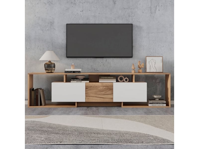  Meuble tv blanc et bois naturel 180 cm avec 3 portes et 3 niches ouvertes, pour tv jusqu'à 85 pouces  - Conforama B