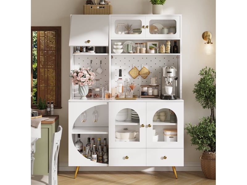 Buffet haut 120x40x176 cm blanc en mdf, verre et métal, led, prises usb, rangement cuisine - Conforama B