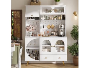 Buffet haut 120x40x176 cm blanc en mdf, verre et métal, led, prises usb, rangement cuisine