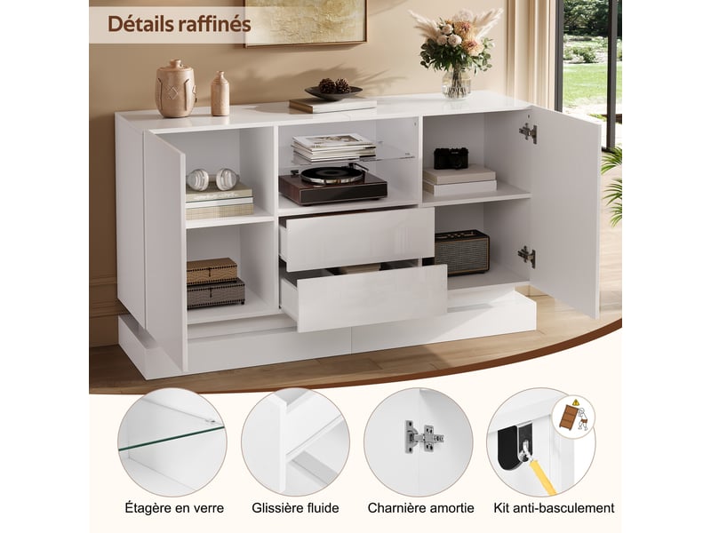 Buffet avec 2 portes, 2 tiroirs, niche led pour salon 140×40×80 cm en panneaux de particules blanc - Conforama D