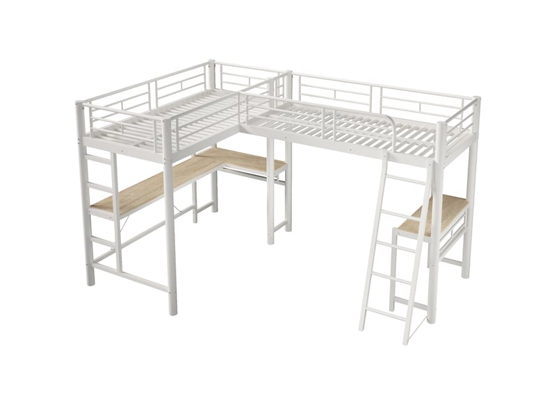 Lit mezzanine blanc 90 × 200 cm, bureau sous le lit, double escalier et garde-corps haut - Conforama E