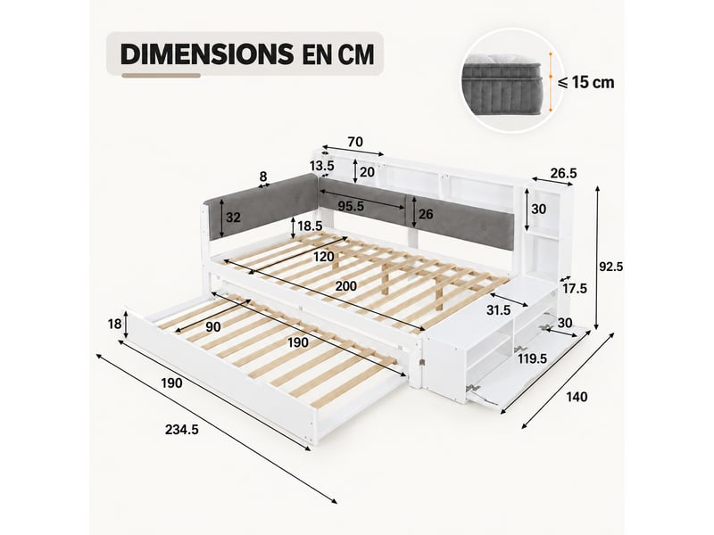 Lit banquette gigogne 120x200 cm,avec tête de lit rembourrée, rangement et prise usb,sommier à lattes,blanc - Conforama C
