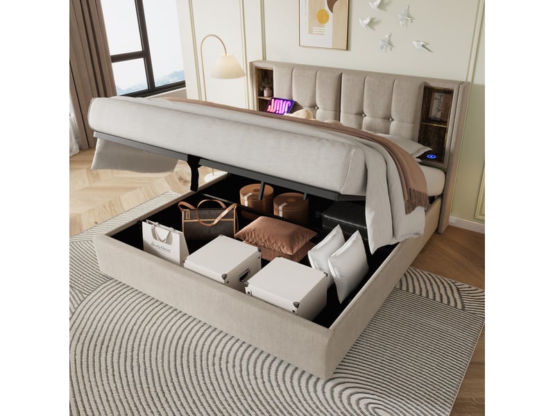  Lit double avec rangement 180 x 200 cm en lin naturel, recharge sans fil et usb  - Conforama B