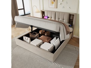 Lit double avec rangement 180 x 200 cm en lin naturel, recharge sans fil et usb