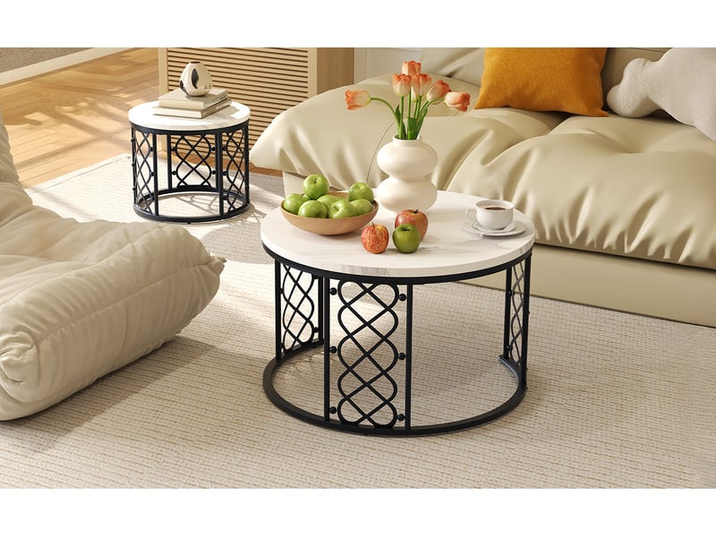  Tcqpz table basse 2 pièces 70x70 cm et 45x45 cm plateau effet marbre structure métal  - Conforama D