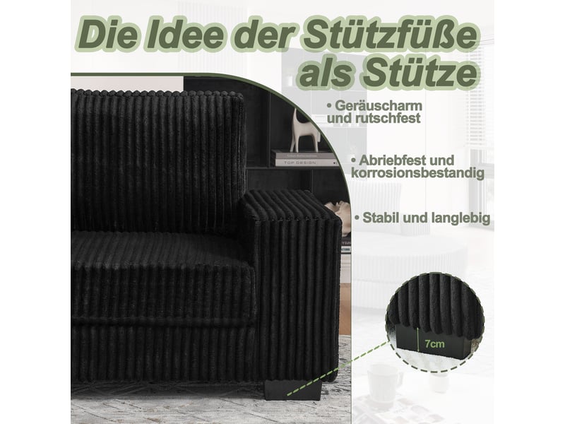 Canapé d'angle, canapé modulable – 4 places, en velours tricoté, coussins inclus, noir, avec pouf, 256,5 x 133,5 x 89 cm - Conforama C
