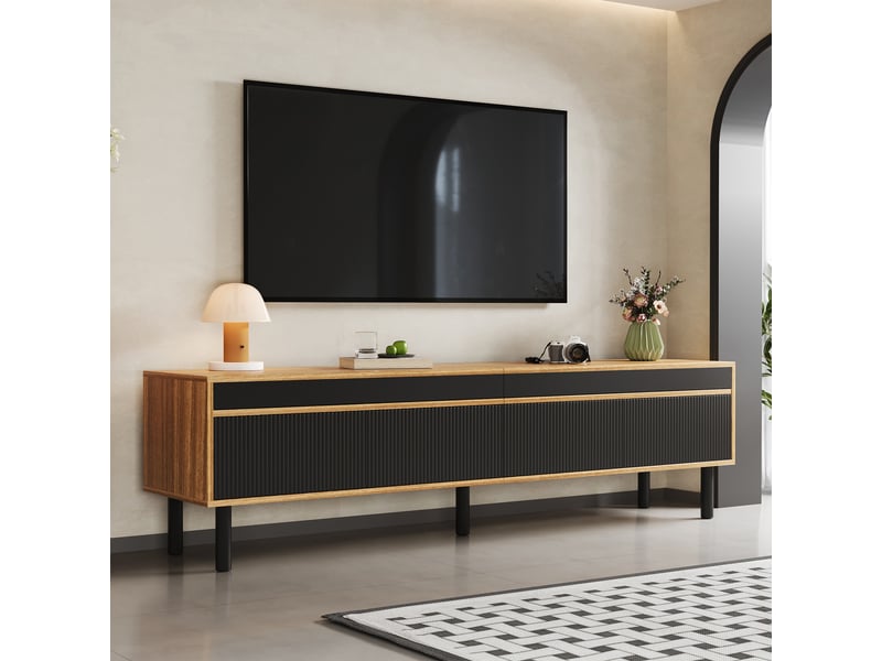  Meuble tv 170x38x47 cm - 4 portes - noir bois naturel - texture fine - design moderne  - Conforama B