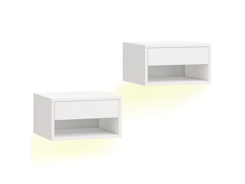  Lot de 2 tables de chevet suspendues avec éclairage led rgb contrôle par application, étagère, tiroir, blanc, 37x32x21cm  - Conforama B