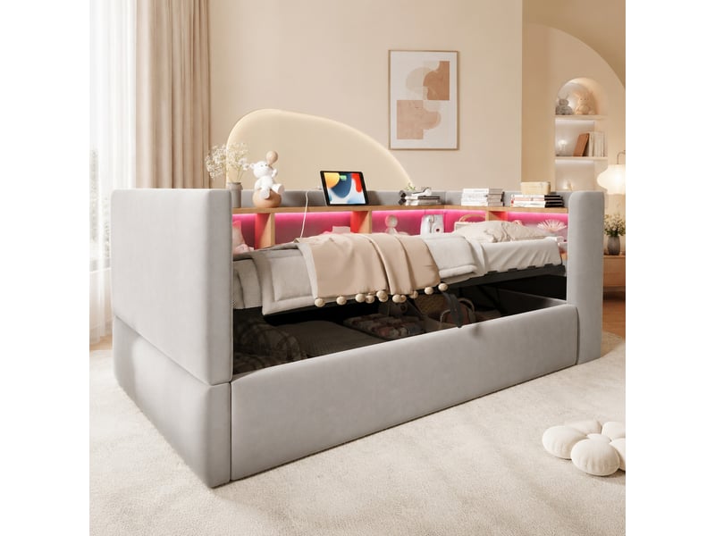  Lit banquette 90 × 190 cm 1 place avec coffre, led et prises, sans matelas, en flanelle, gris clair  - Conforama C