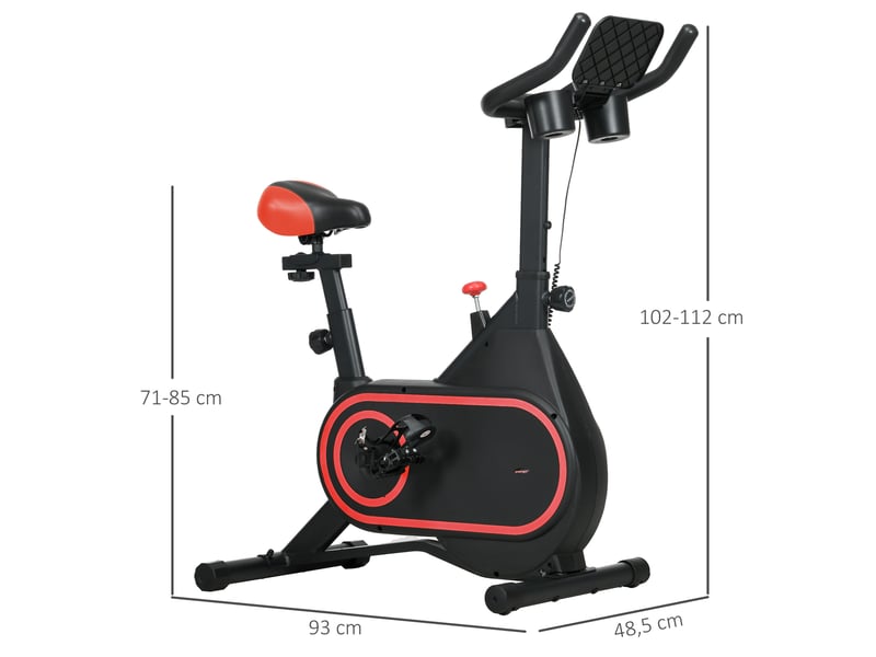 Vélo d'appartement avec volant d'inertie de 4 kg, résistance réglable, écran led, silencieux, selle réglable, rouge et noir - Conforama E