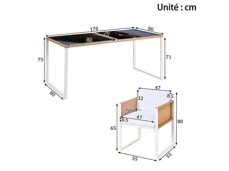 Ensemble de mobilier de jardin en polyrotin 170 x 80 cm, ensemble repas de jardin pour 6 personnes avec table en verre, fauteuils et housses lavables. - Conforama C