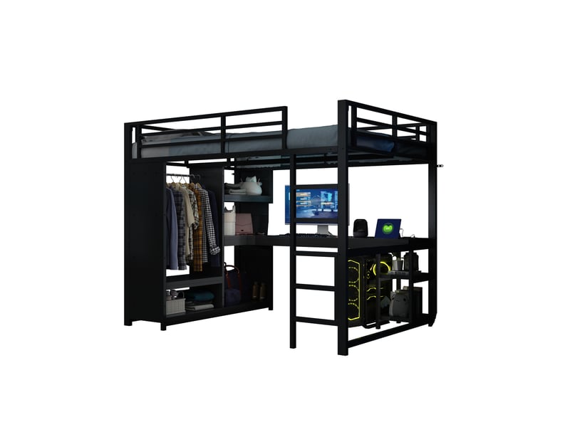  Lit mezzanine noir 140x200 cm en métal avec bureau, led, station de charge, penderie ouverte et étagères de rangement  - Conforama A