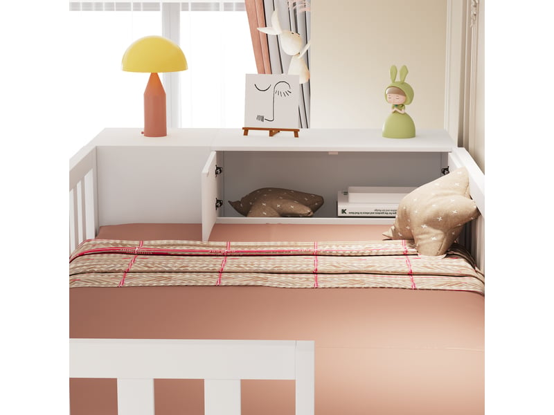  Lit mezzanine 90x200cm en bois blanc, grands rangements, placard, échelle sécurisée et étagères.  - Conforama C