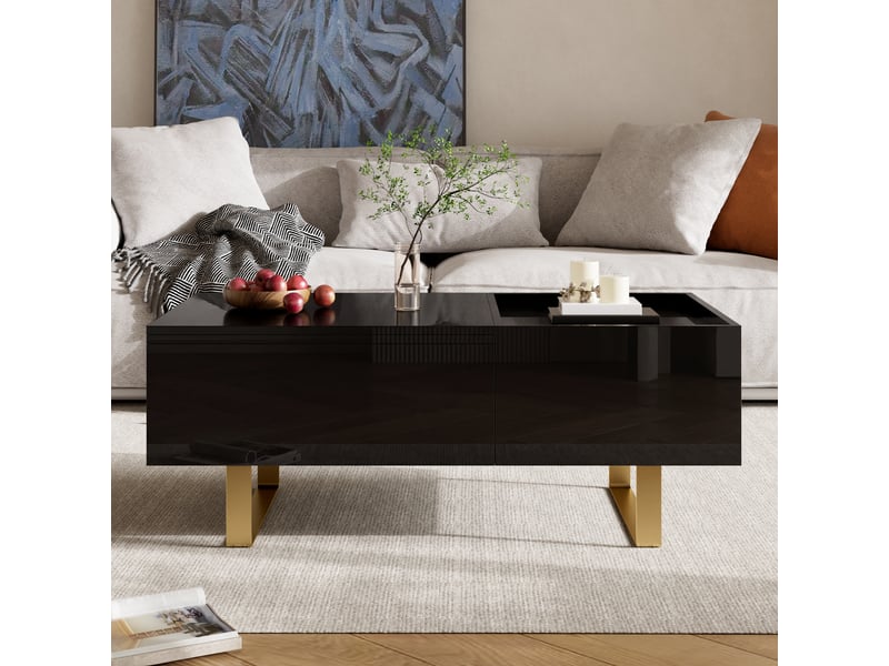  Table basse relevable mdf brillant - avec rangement, tiroir et pieds fer - moderne pour salon  - Conforama D