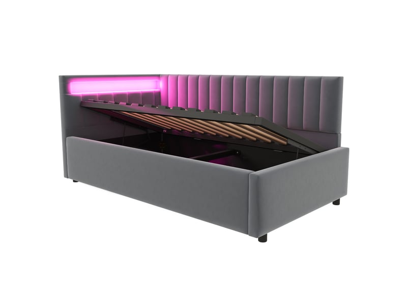 Lit banquette 90x200 cm en velours gris, led, coffre hydraulique et dossier latéral modulable - Conforama D