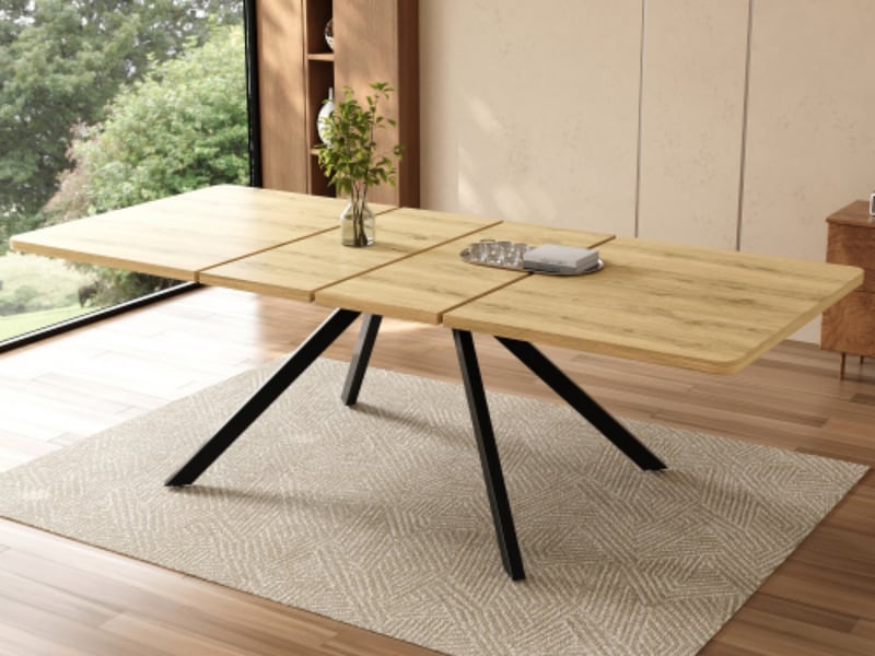  Table à manger extensible 160 à 240 cm, 2 allonges centrales, plateau en mdf, pieds en étoile, effet chêne et noir  - Conforama B