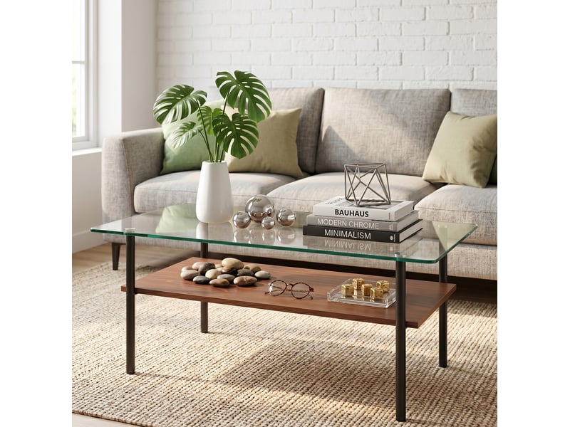  Table basse avec plateau en verre, étagère de rangement en mdf et structure en métal noir, pour salon, 98 × 58 × 45 cm  - Conforama D