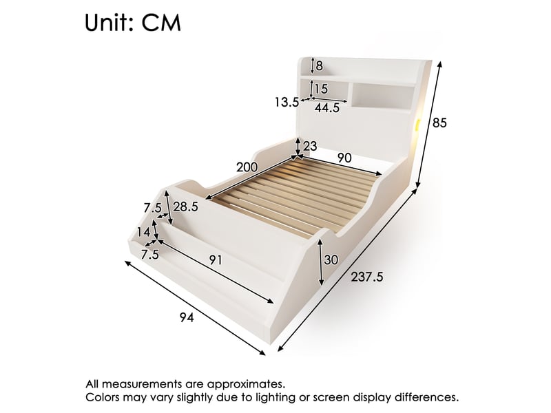  Lit enfant 90x200 cm en bois avec étagères, veilleuses led et bibliothèque amovible, lit avec rangement pour chambre enfant - blanc (sans matelas)  - Conforama E